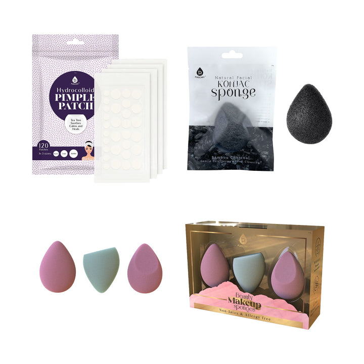 Pursonic Beauty Essentials Bundle – 3-Pack Multi-Shape Makeup Sponges + Natural Bamboo Charcoal Konjac Sponge + 120-Count Hydrocolloid Pimple Patch Set