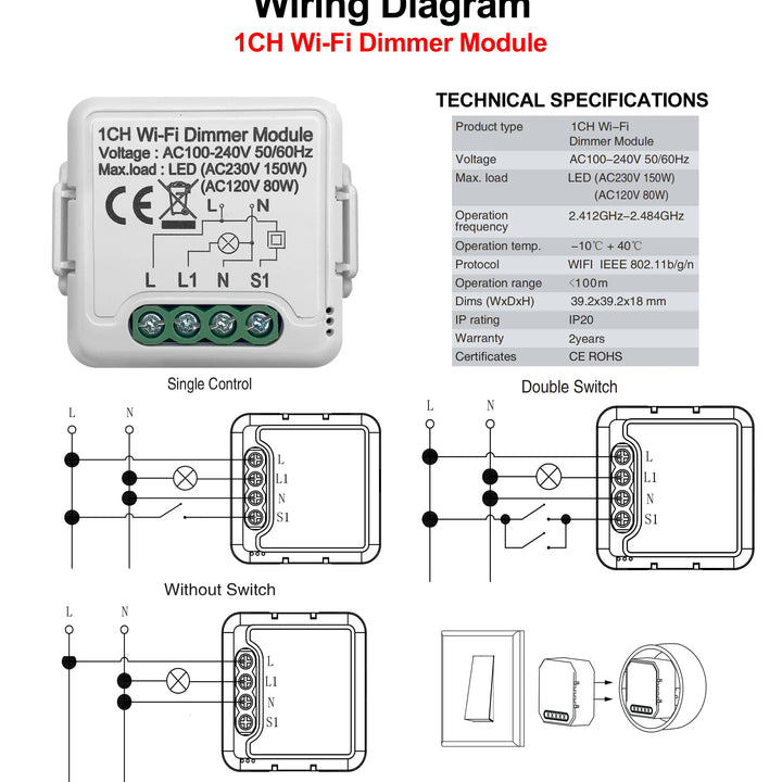 GIRIER Tuya Wifi Smart Dimmer Light Switch Module Support 2 Way Control Dimmable Switch 1 2 Gang Works with Alexa Google Home