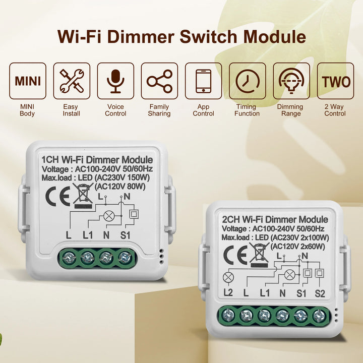 GIRIER Tuya Wifi Smart Dimmer Light Switch Module Support 2 Way Control Dimmable Switch 1 2 Gang Works with Alexa Google Home