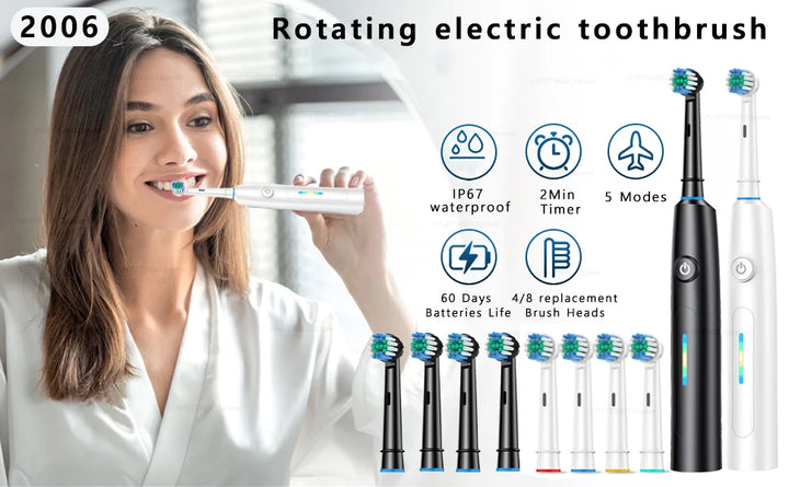 Electric Toothbrush Intelligent 5 Modes Cleaning Teeth Brush Waterproof Rotary Electric Toothbrush with 8 Brush Head