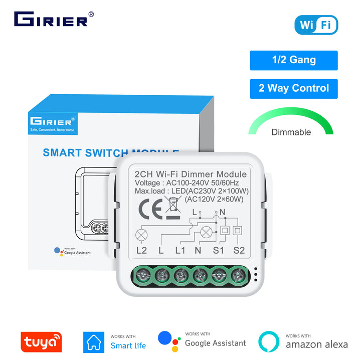 GIRIER Tuya Wifi Smart Dimmer Light Switch Module Support 2 Way Control Dimmable Switch 1 2 Gang Works with Alexa Google Home